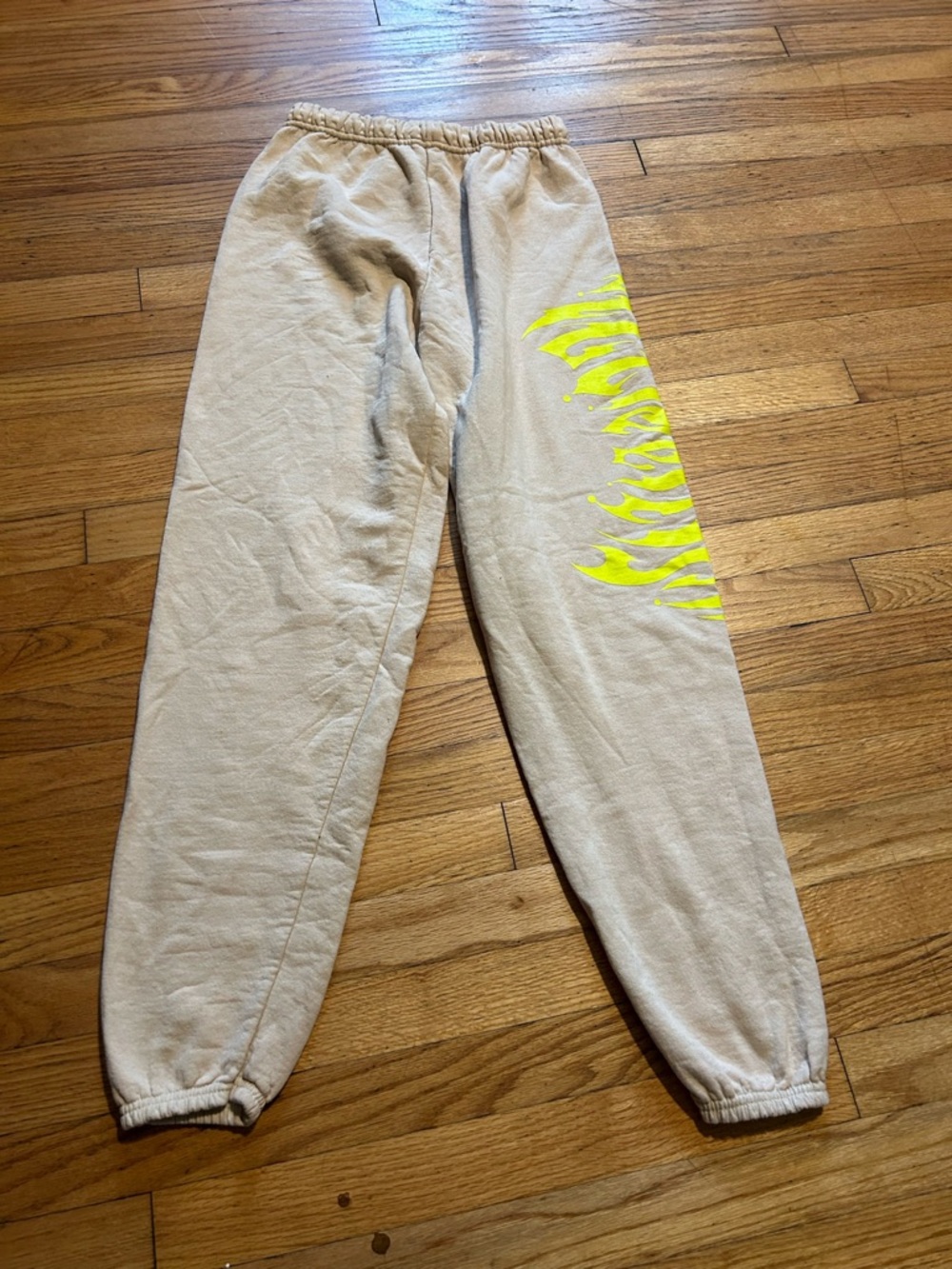 Beige Men’s Sweatpants with Neon Yellow Side Graphic